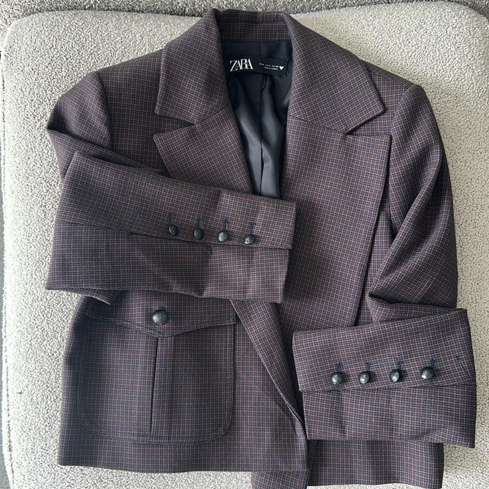 Zara Brown and Navy Check Cropped Blazer